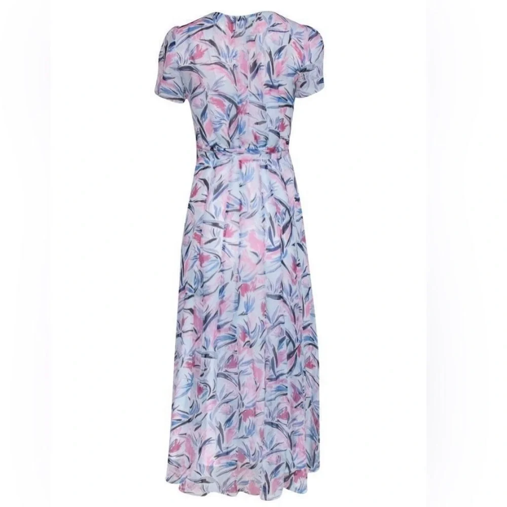 🆕 Club Monaco Birds of Paradise Maxi Wrap Dress Blue and Pink Chiffon, Size 4 - Picture 7 of 16
